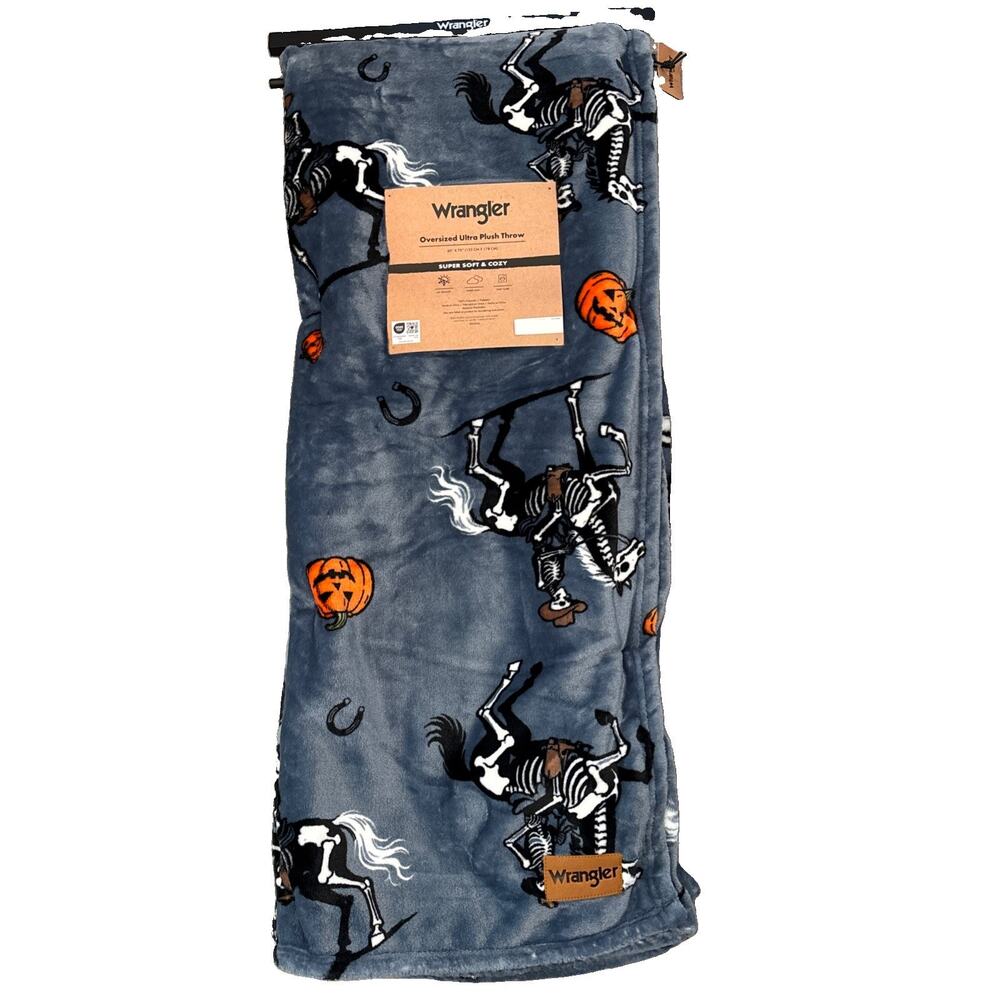 Wrangler Skeleton Horse Riding Halloween Super Soft Throw Blanket 60x70 Blue NEW
